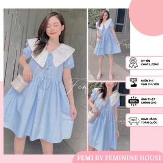 Đầm Sọc Cổ Bèo Thắt Nơ, đầm babydoll, váy babydoll xinh xắn diện hè