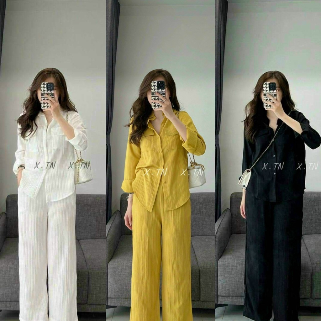 Set đồ bộ nữ áo sơ mi phối quần ống rộng chất xô gân mặc vừa sang chảnh vừa mát dành cho các tình yêu đi chơi ,đi làm .