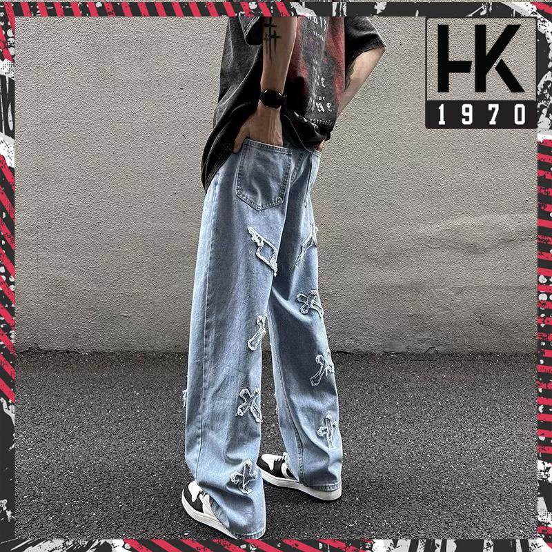 Quần jean nam baggy ống rộng quần bò nam thêu chữ thập phong cách hiphop Q007