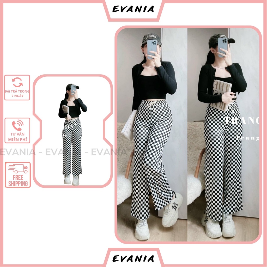Quần caro ống rộng EVANIA quần kẻ caro nữ gồm 3 chi tiết chất lụa dày màu áo đen phối quần caro đen trắng Q17