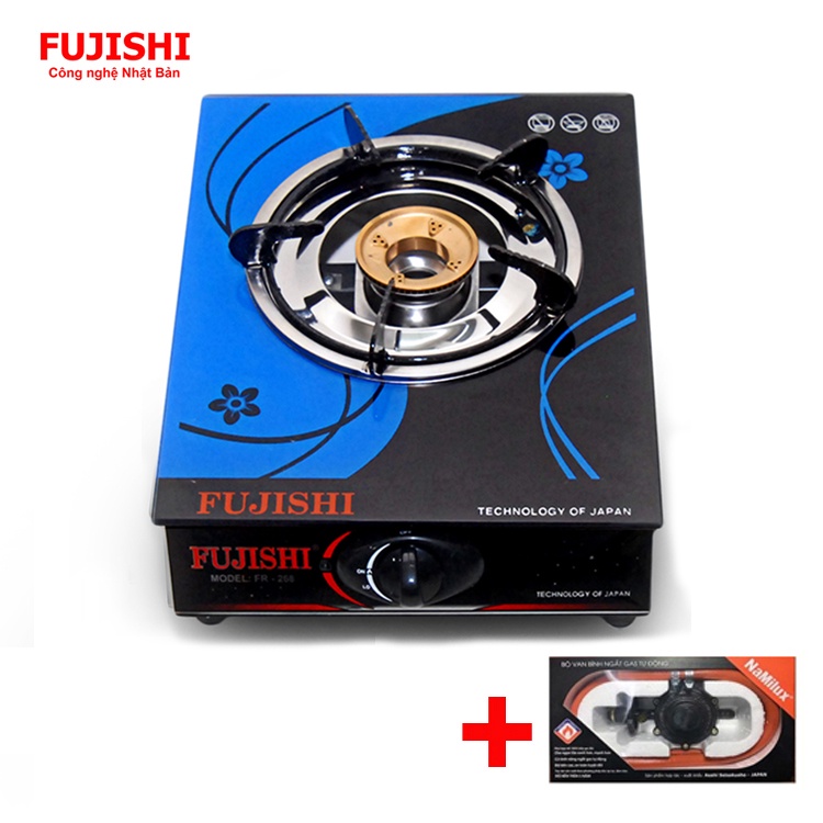 COMBO Bếp gas chén đồng đơn FUJISHI FR-268D - Kính xanh + Bộ dây van ngắt gas tự động NAMILUX - Dùng bình gas lớn