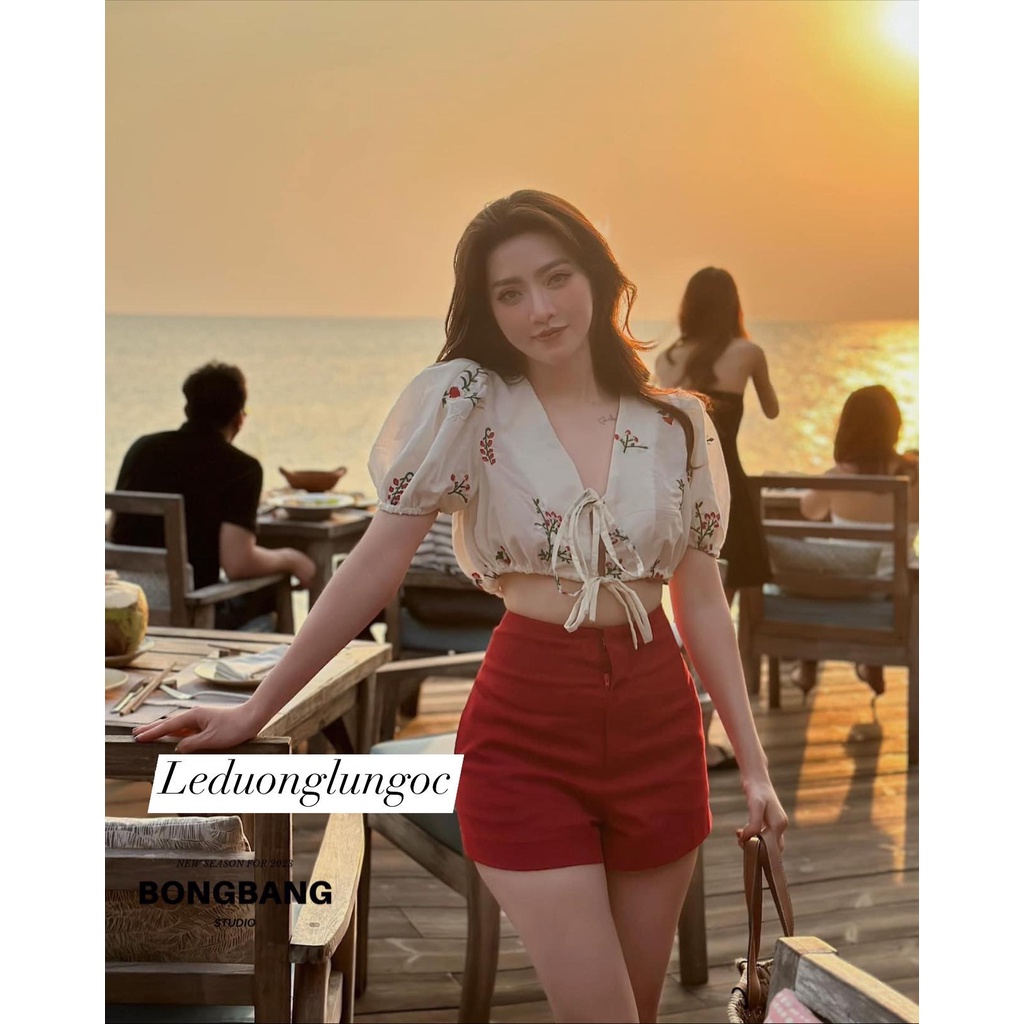 Áo Croptop Hoa Thêu, Áo Kiểu Nử Cổ V Tay Phồng Thời Trang Mùa Hè 2023 Phong Cách Trẻ Trung Cho Nữ.