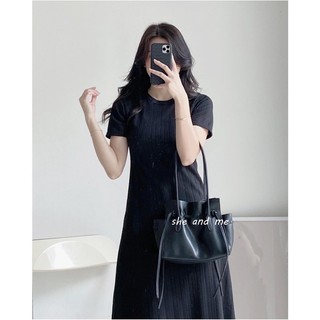 Váy thun gân cổ tròn dáng dài xoè basic - Váy thun gân basic PeaStore (Ảnh thật)
