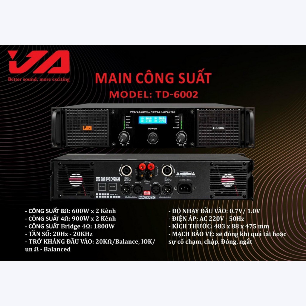 Cục Đẩy Công Suất 2 Kênh JA TD-6002 Chính Hãng 1800W-Nguồn Xuyến-Karaoke Gia Đình, Sự Kiện, Tặng 10M Dây Loa - JA Audio