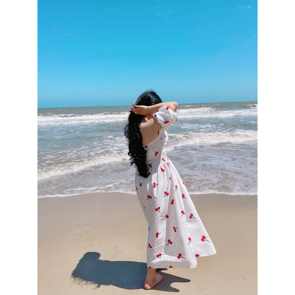 Đầm Maxi Hoa Nhí Trễ Vai Tay Phồng Có Mút, Váy Trễ Vai Hoa Nhí Dáng Dài