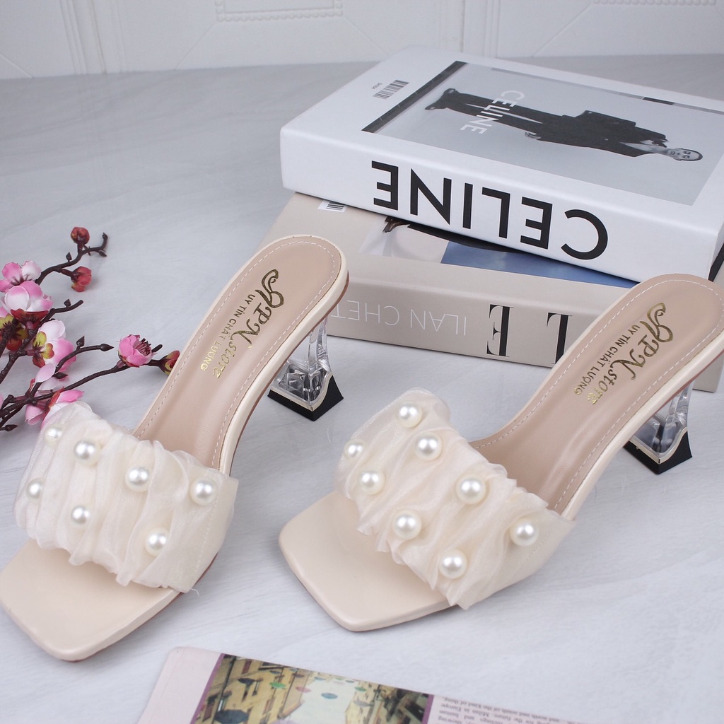 Guốc cao gót vuông trong 7p quai bản nhún ren kết hạt châu lớn G21