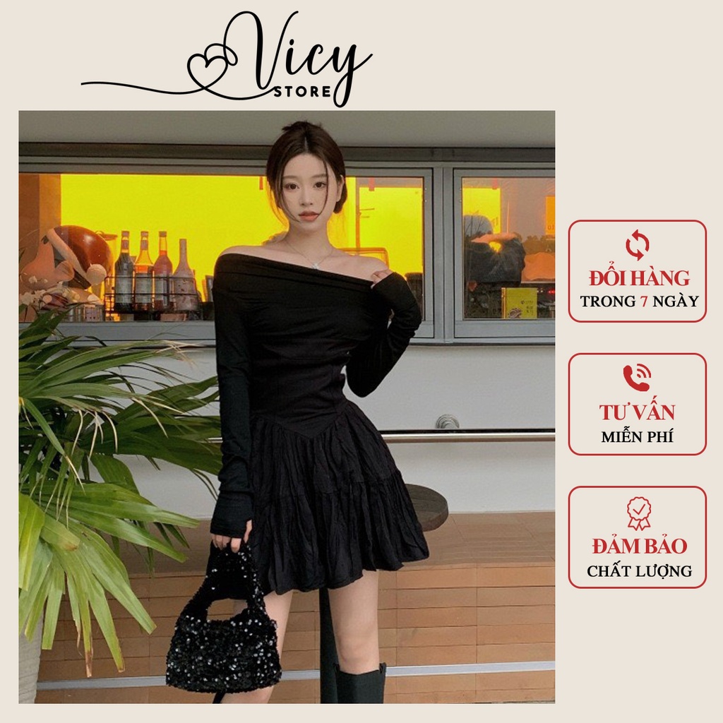 Đầm xòe tay dài lệch vai siêu hot, váy nữ dáng xòe sang chảnh đi chơi đi tiệc Vicy DBDTV004