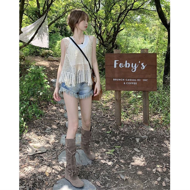 Áo Hai Dây Dệt Kim Khoét Lỗ Họa Tiết Hoa Phong Cách Hàn Quốc Mới Cho Nữ