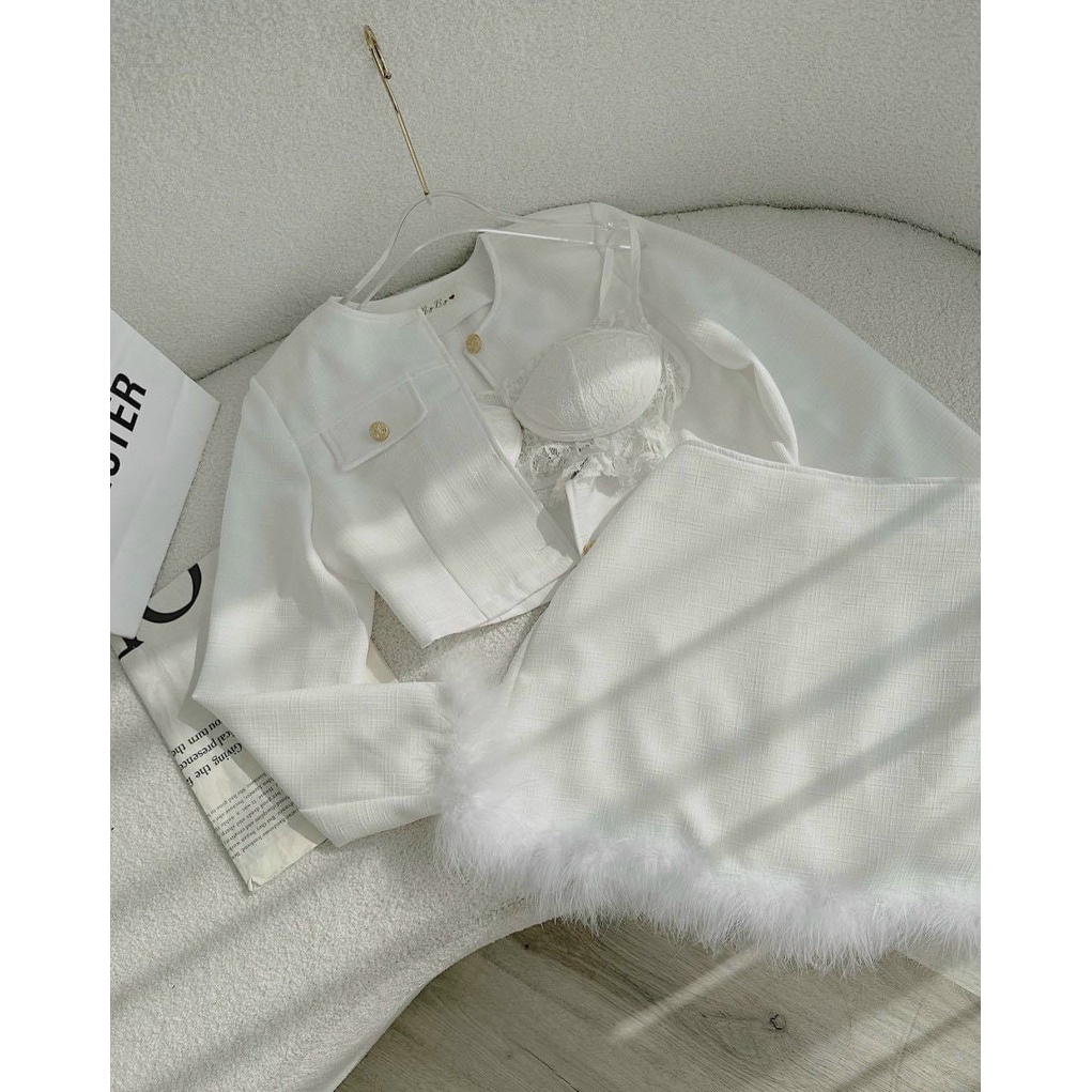 Set bộ 3 món áo khoác dạ croptop kèm bra 2 dây phối chân váy lông vũ Hari_Fashion - Mã SR265