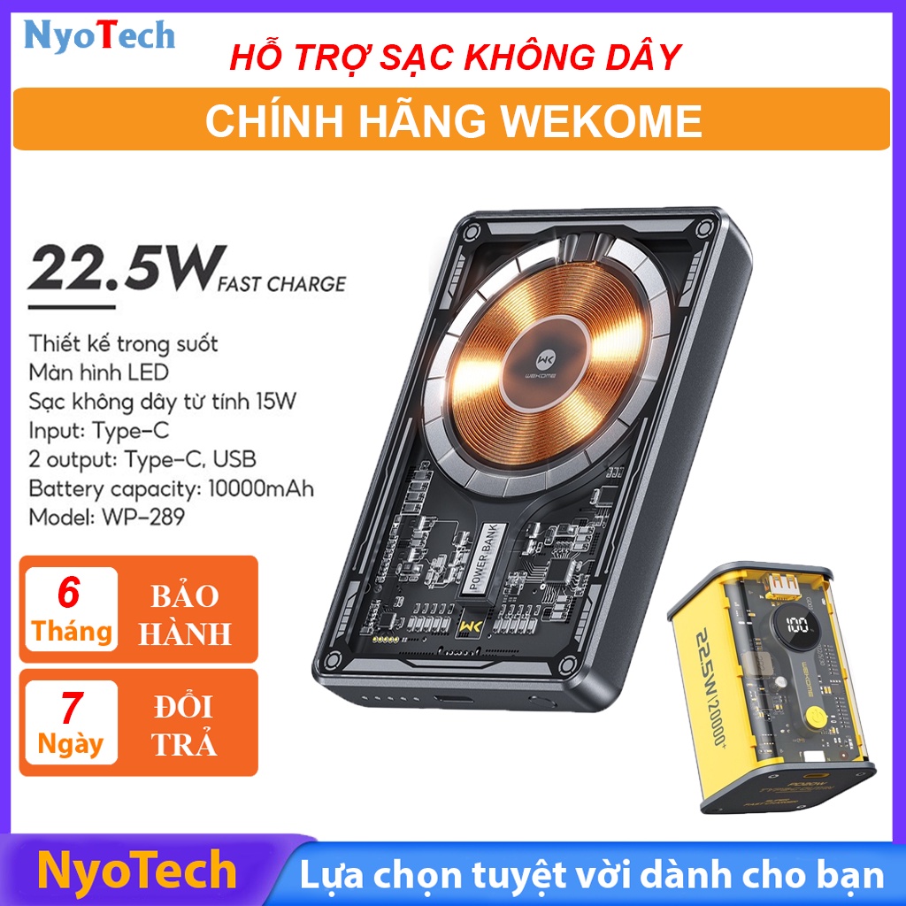 Sạc dự phòng chính hãng Wekome trong suốt hỗ trợ sạc nhanh PD QC Sạc không dây