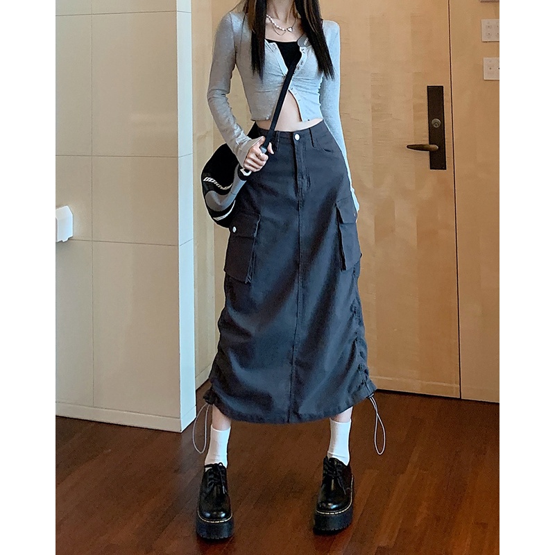 Chân Váy Dài KaKi Chữ A Lưng Cao Túi Hộp Dây Rút Phong Cách Hàn Quốc Vintage | BigBuy360 - bigbuy360.vn