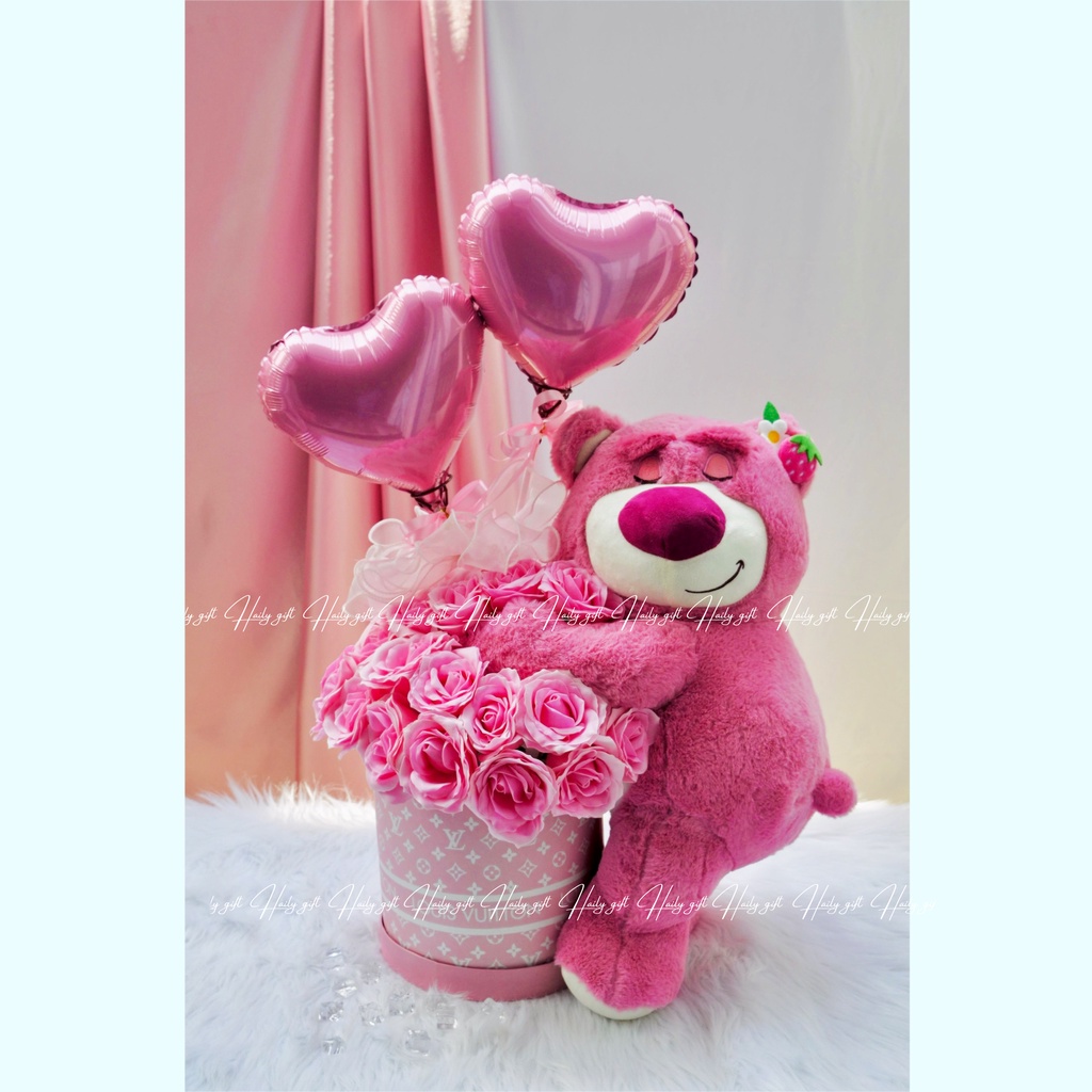 Quà tặng valentine, sinh nhật, 20/10 ,8/3 set gấu dâu ôm hoa cao cấp, sang trọng, siêu to, cực dễ thương