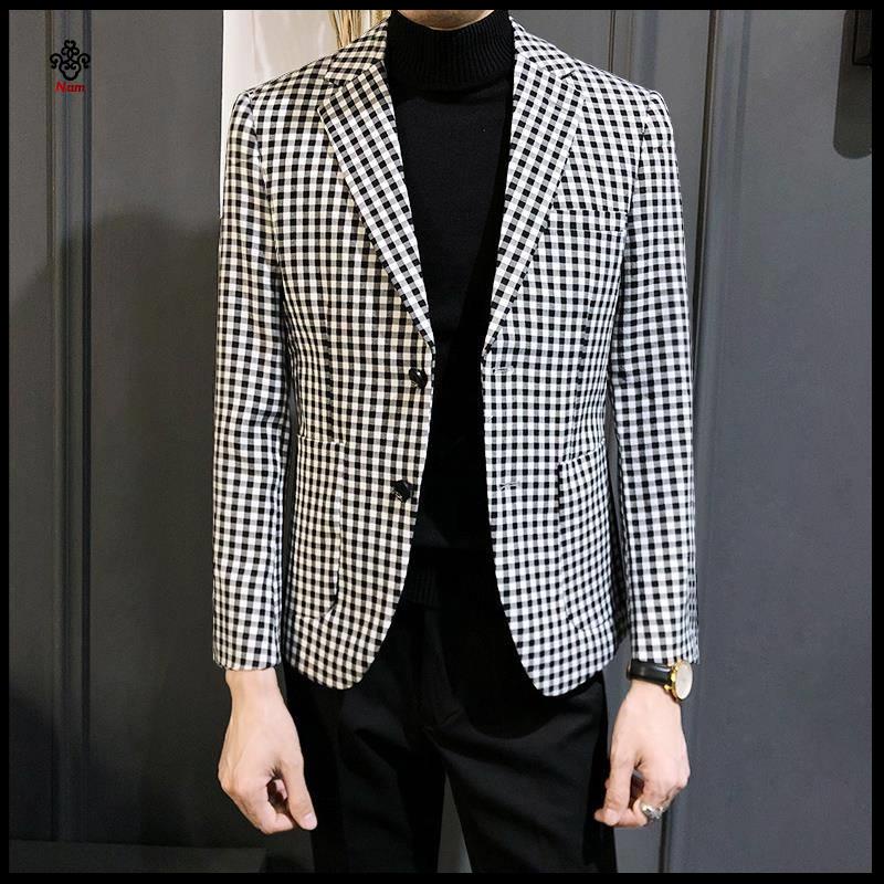Chất lượng cao Áo Khoác blazer Kẻ Sọc Ca Rô Đen Trắng Thời Trang Mùa Thu Cho nam Giới nam Giới Q 'C 2#Áo Khoác Ôm Dáng Phong Cách Hàn Quốc Thời Trang 39; s