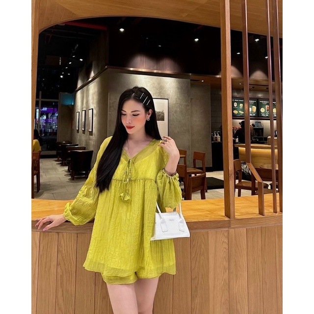 Set Bộ Babidoll Tay Phồng Kèm Quần Short Màu Hottreen