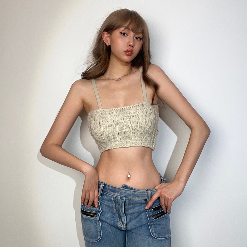 Weird Puss Jennie Áo hai dây Dệt Kim Dáng Ngắn Hở Rốn Eo Cao Màu Trơn Cho Nữ