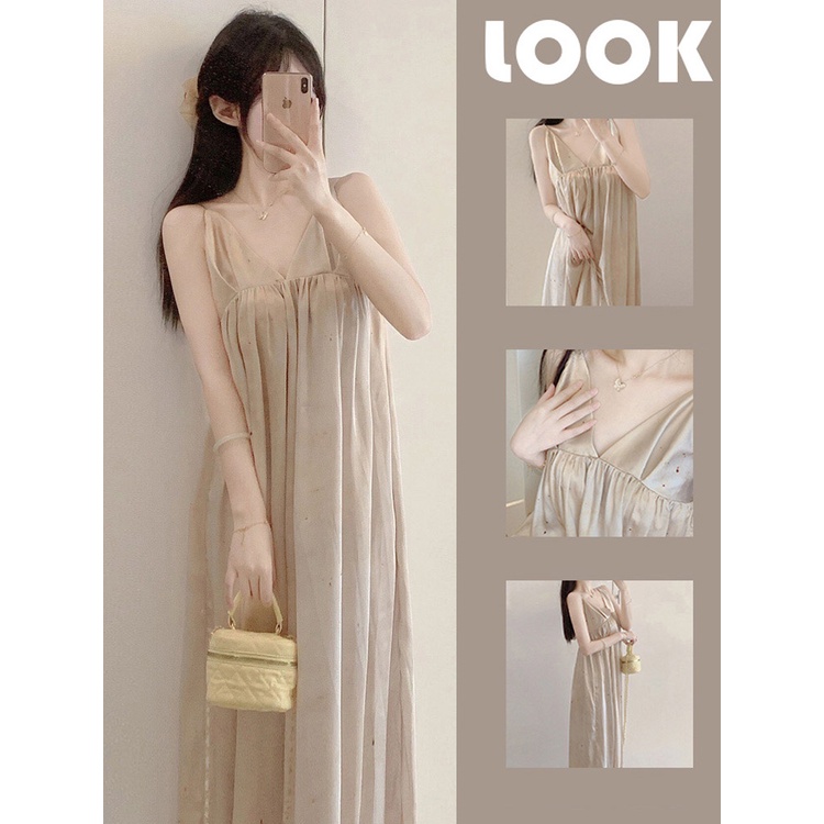 Đầm ngủ EGHY vải lụa lạnh cao cấp cổ chữ v thời trang mùa hè phong cách mới cho nữ