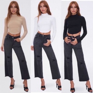 Áo Crop Top dệt gân tay dài cổ lọ - Ribbed Mock Neck Top