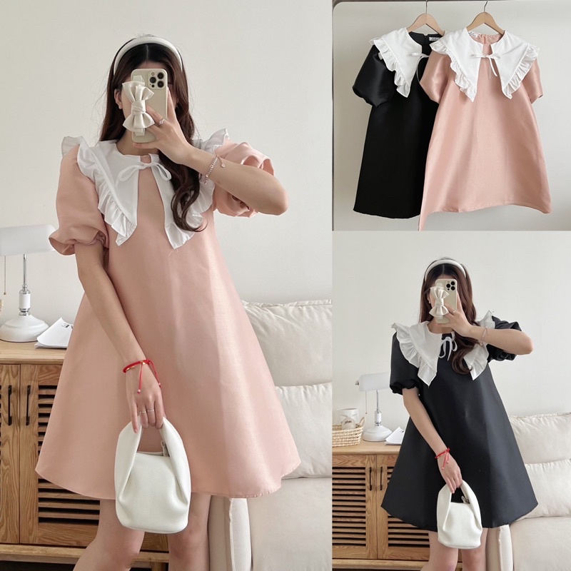 Đầm - váy babydoll tiểu thư dáng rộng cổ tròn bèo vạt nhọn phối trắng
