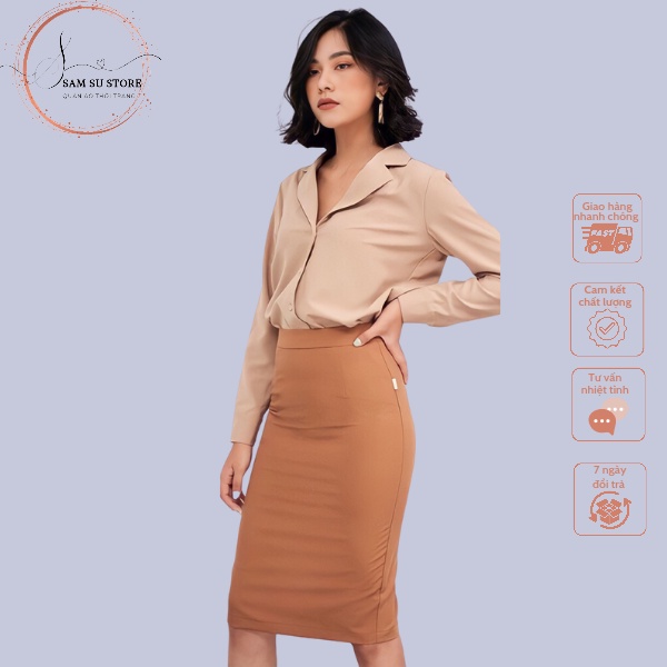 Chân váy bút chì, chân váy công sở dáng dài 2 lớp chất cotton 2 biên hàng VNXK màu xanh, cam, đen