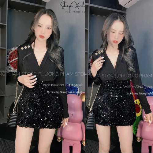 Set Áo thun cúc vai xẻ ngực tay dài mix chân váy kim sa chữ A, Áo sơ mi đen xẻ ngực cúc vai kèm chân váy kim sa