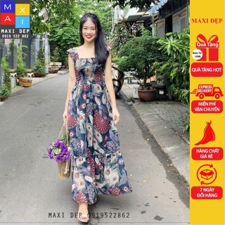 Váy Maxi Họa Tiết Phượng Hoàng Nền Xanh Than Tôn Dáng Hàng Maxi Đẹp Kèm Feedback
