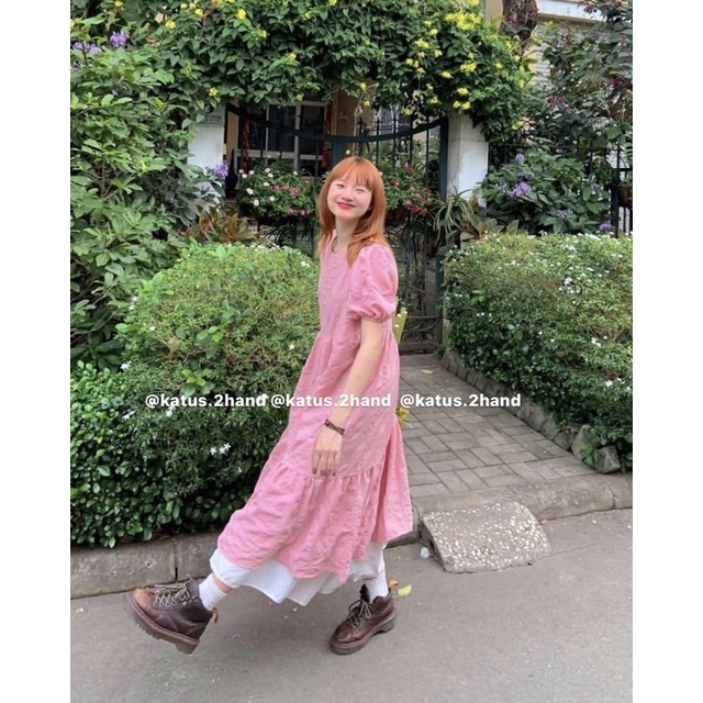 Váy maxi suông dài dáng babydoll màu hồng 2 lớp  ullzang