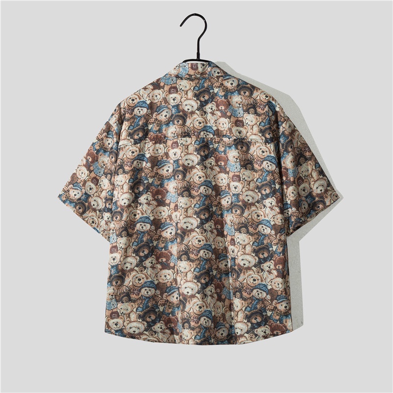 Áo Sơ Mi Tay Ngắn In Hoạt Hình Gấu + Quần short Dáng Rộng Thời Trang Mùa Hè 2023 Cho Nam