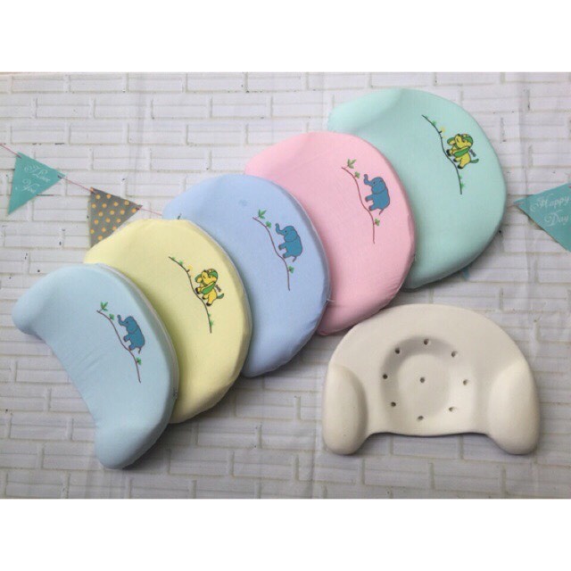 Gối cao su non cho bé sơ sinh VẢI THÊU êm mềm chống méo đầu, bẹt đầu