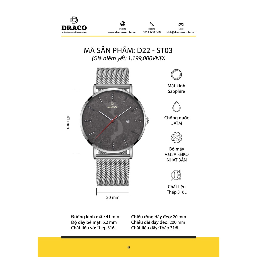 ĐỒNG HỒ NAM DRACO D22-ST03 “Vietnamese Boy” ĐEN DÂY DA NÂU