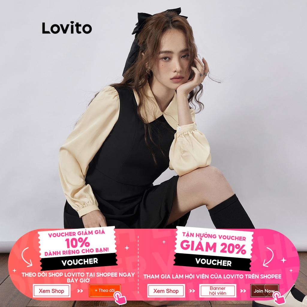 Lovito Vintage Patchwork Tương phản Búp bê Cổ áo Nướng Dài tay Phụ nữ Váy L35AD065