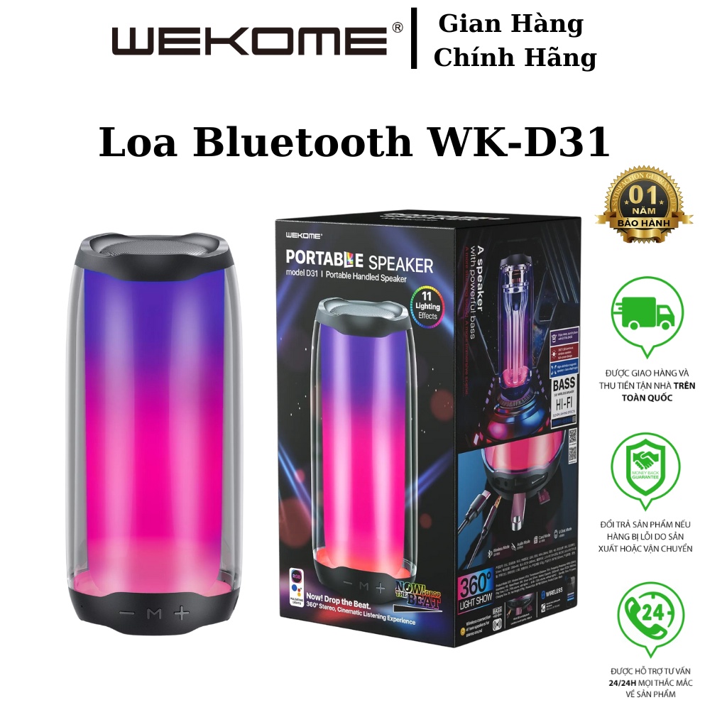 Loa Nghe Nhạc WEKOME D31 Bluetooth 5.0 Gắn Thẻ Nhớ Và USB Đổi Màu