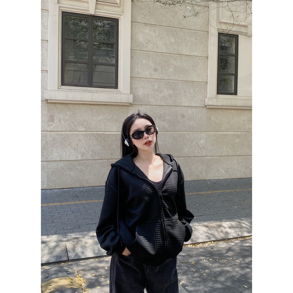 Áo khoác hoodie xốp vuông có mũ trùm có khóa kéo, túi trong, tay chống nắng Sereinclothing.st2w dành cho nữ