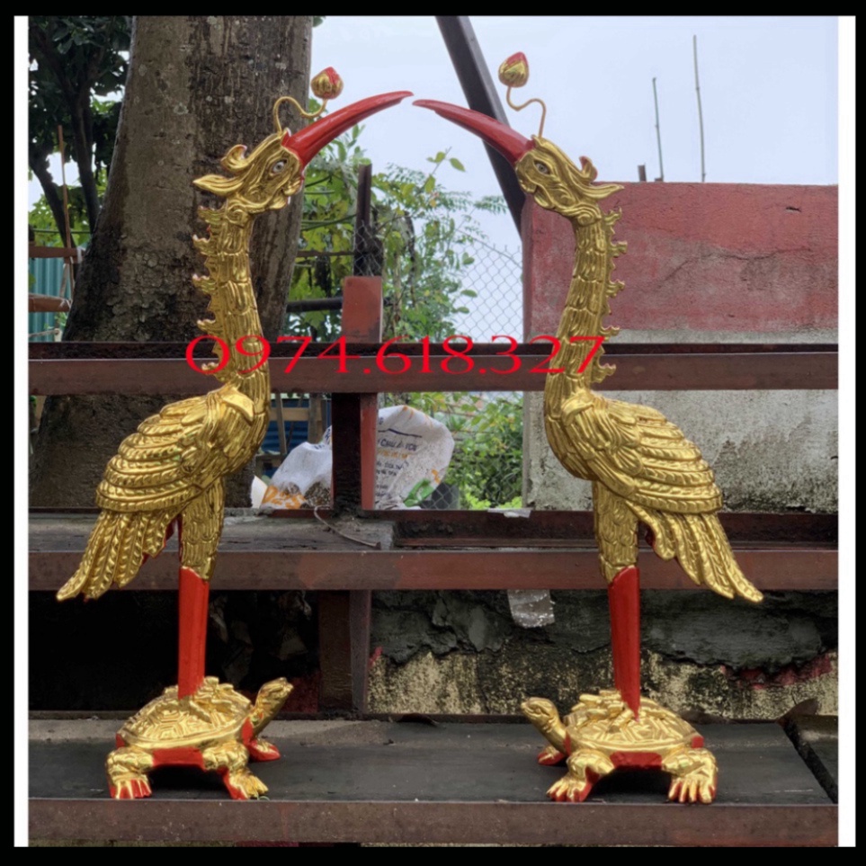 Cặp hạc bàn thờ gia tiên mào gia tiên gỗ mít sơn son cao 61cm