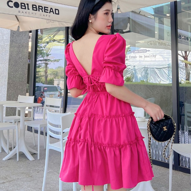 Đầm tay bồng lưng đan dây cổ V dáng xoè tầng bánh bèo
