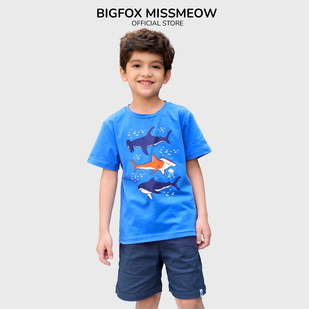 Áo cộc tay bé trai size đại Bigfox Miss Meow mùa hè chất cotton style Hàn, in cá dễ thương 3,6,9,11 tuổi 30kg, 40kg