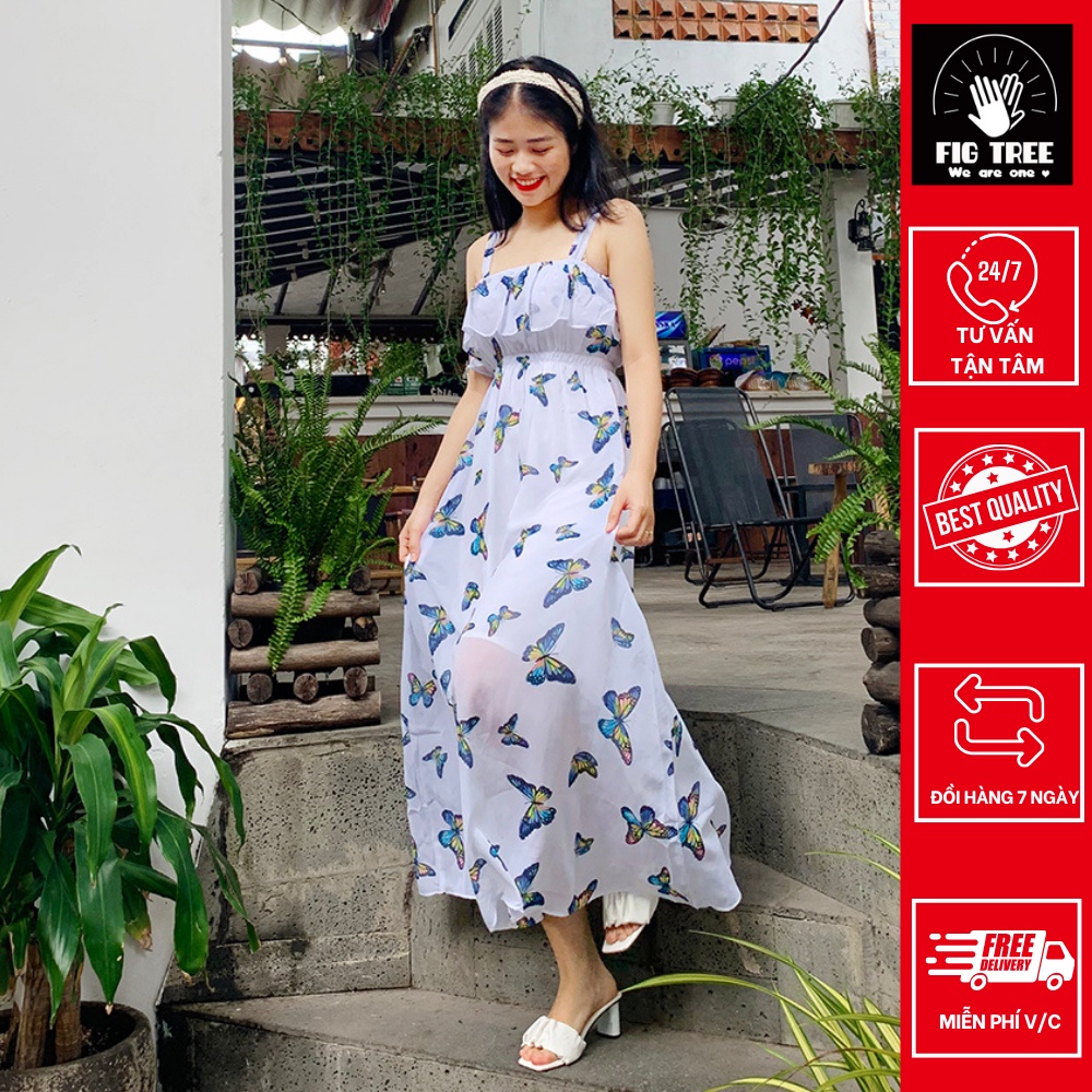 Maxi 2 dây nhún bèo ngực họa tiết bướm xanh nền trắng siêu xinh