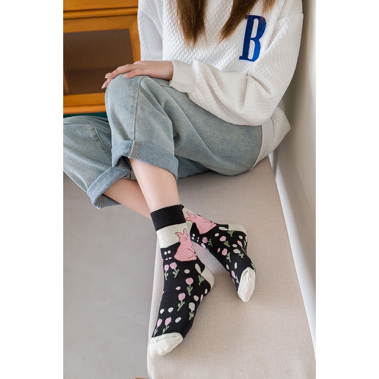 Tất vớ unisex Tất nam cổ cao tất nữ thun dày dặn hoạ tiết nhiều màu sắc hình hoa Floral chất liệu cotton dày dặn