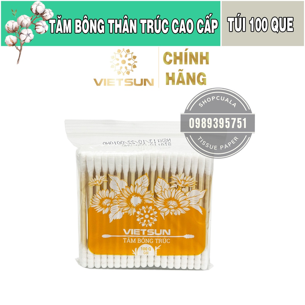 Tăm bông thân trúc cao cấp Vietsun từ 100% cotton tinh chế - hộp 200 que