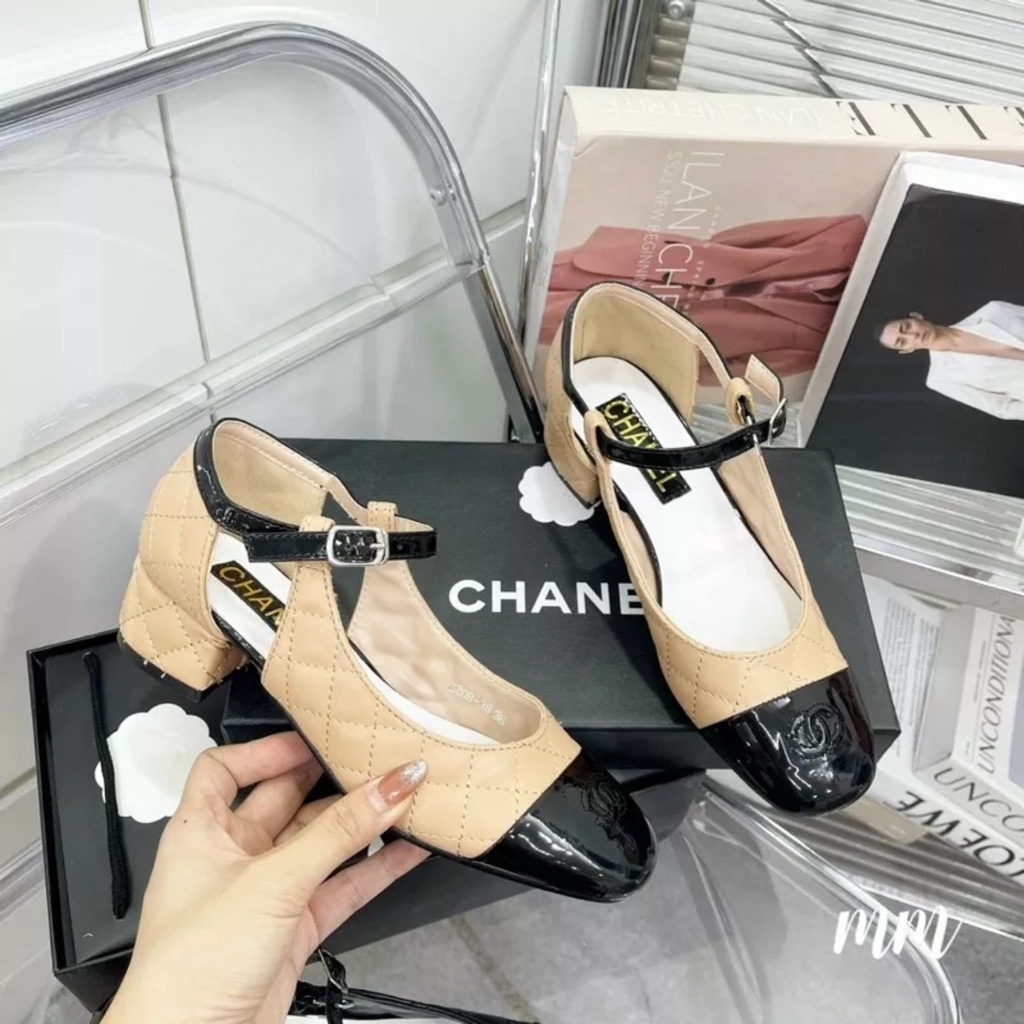 Giày nữ đế thấp hở eo kiểu mới trần chỉ mũi vá bóng CC Nguyên hộp hãng cao cấp