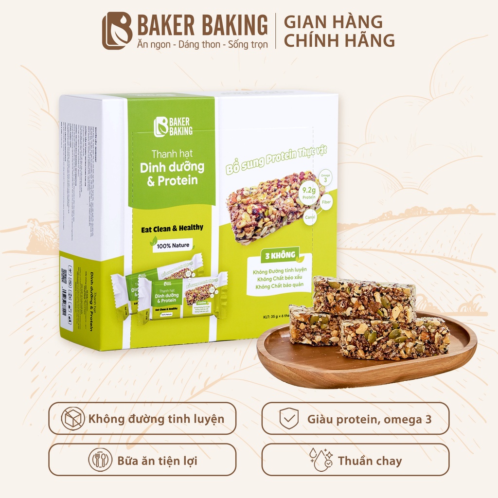 Thanh hạt dinh dưỡng protein Baker Baking tiện lợi hỗ trợ tập luyện tăng cơ 6 thanh