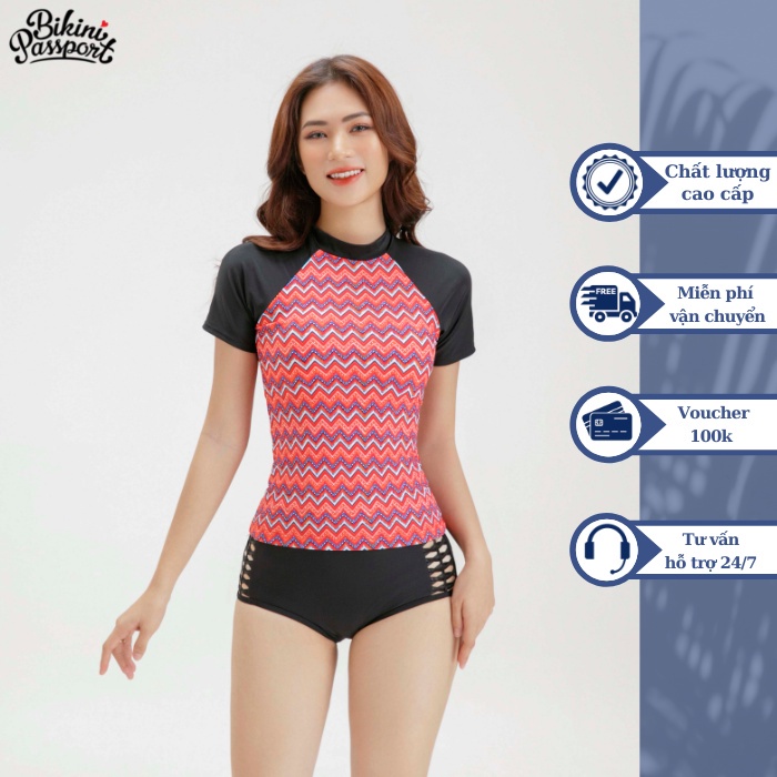 Áo bơi LẺ Nữ BIKINI PASSPORT kiểu Croptop tay ngắn có khoá kéo - màu Đỏ - BS270_RD