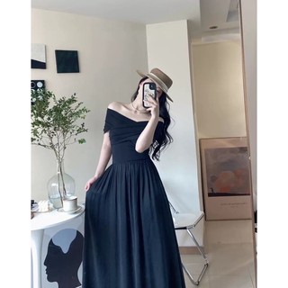 Váy Maxi Trễ Vai Pha Lụa Thô Mềm 2 Màu Có Ảnh Thật