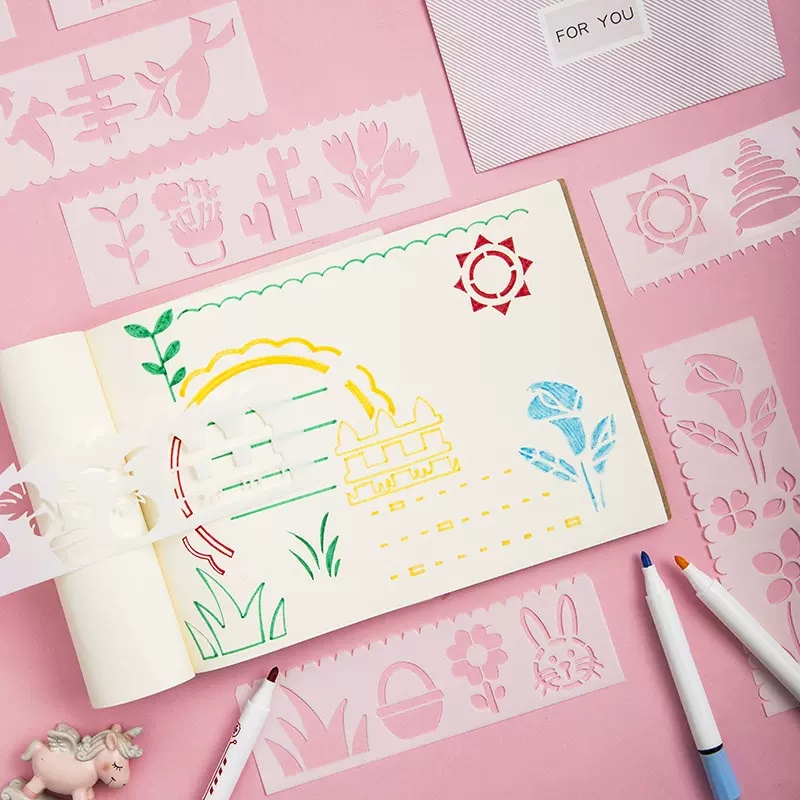 Set 8 Thước Vẽ Hình Trang Trí , khuôn rỗng tập vẽ, thước rỗng vẽ trang trí