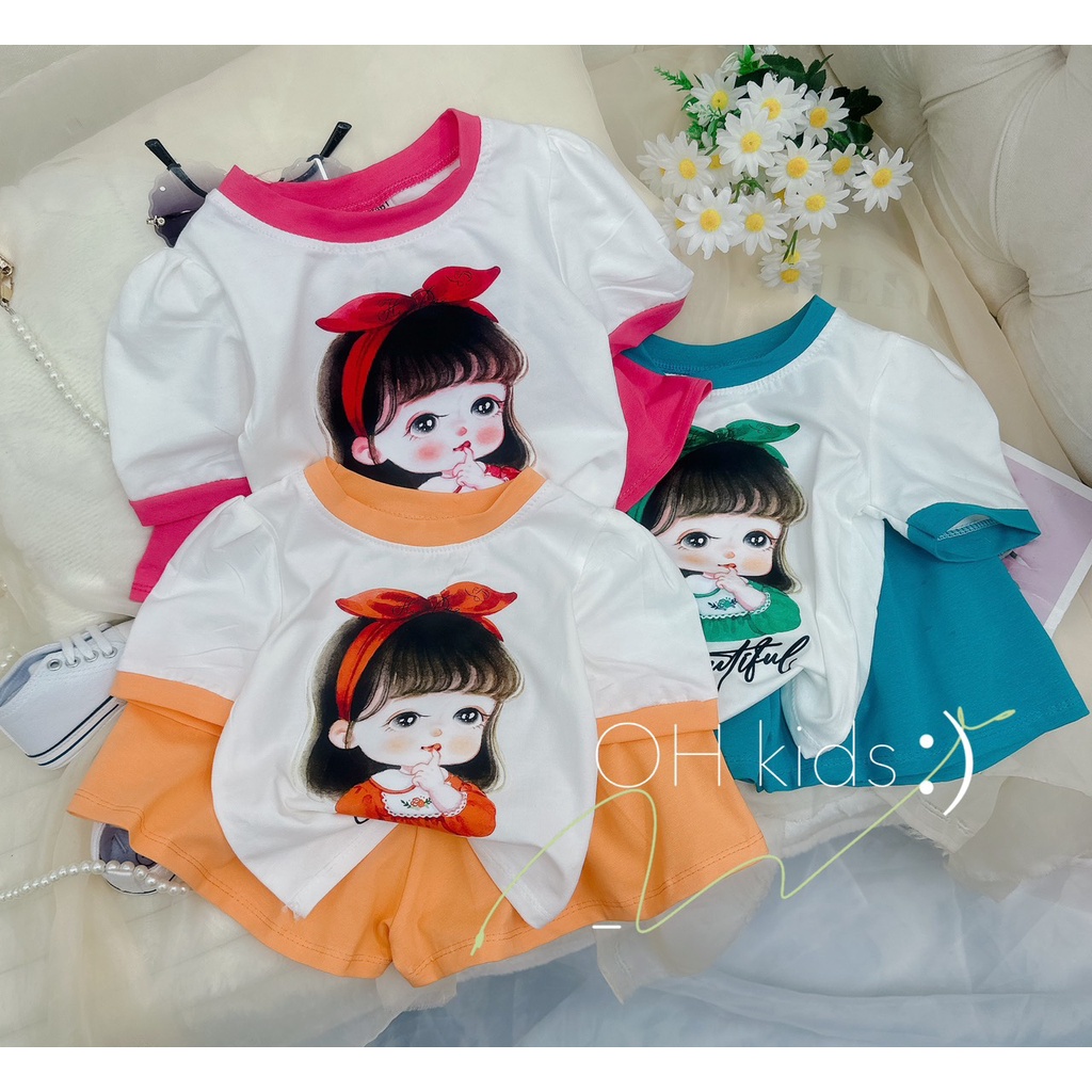 Đồ bộ bé gái , sét bộ quần áo cotton cô gái 3 màu phối quần giả váy đáng yêu cho bé gái .