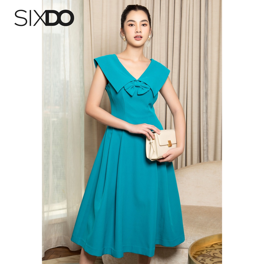 Đầm xanh dáng xòe phối nơ cổ SIXDO (Sky Cape Collar Midi Dress)