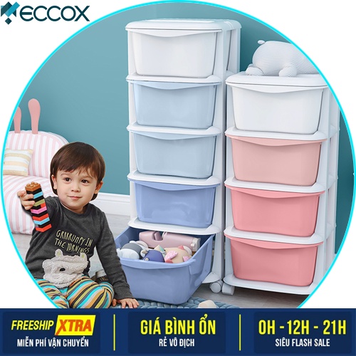 Tủ nhựa ngăn kéo đa sắc 5 tầng, tủ nhựa đựng quần áo có bánh xe nhựa Eccox