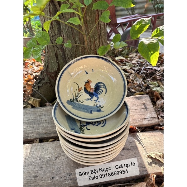 Combo 10 Dĩa Vẽ Gà Lòng Sâu NEOP  Size Đại ĐK 20cm - Gốm Xưa Cho Người Hoài Niệm - Gốm Lái Thiêu - Gốm Nam Bộ