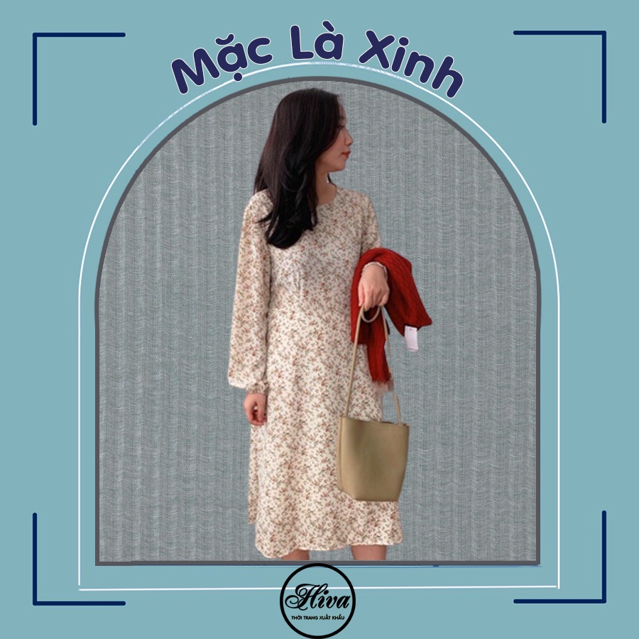 Váy trắng hoa cỏ nhí babydoll cổ tròn body dáng tay dài ulzzang , Đầm vintage dự tiệc thiết kế ảnh thật