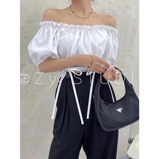 Áo kiểu croptop trễ vai rút dây thắt nơ eo bo chun sau lưng n323