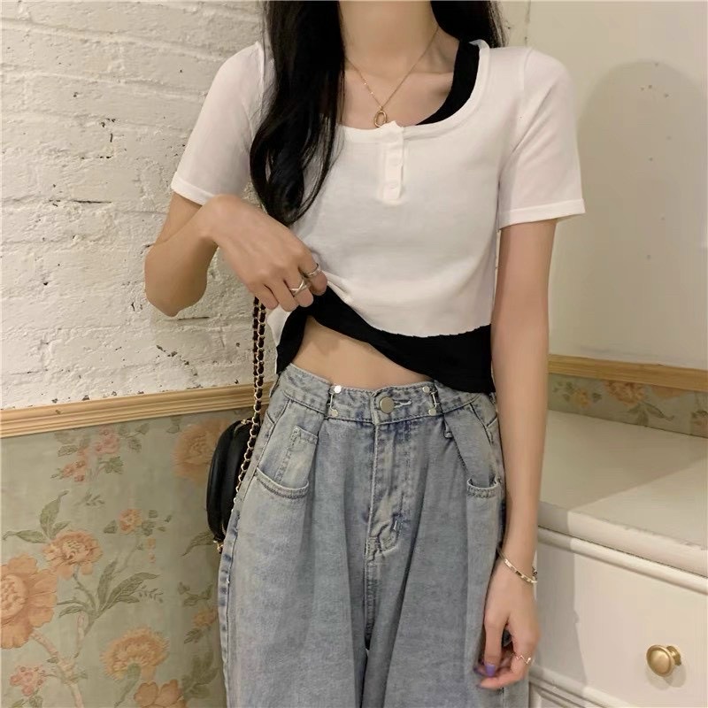 Áo thun tay ngắn hai lớp áo phong cách Hàn Quốc cho nữ